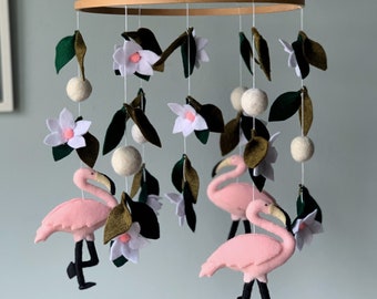 Handmade Flamingo Baby Mobile, Floral Nursery Decor, Baby Shower Gift