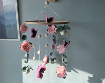 Flowers baby mobile, Butterfly crib mobile, green floral baby mobile, hanging felt mobile, cot mobile for baby girl, flowers nursery decor