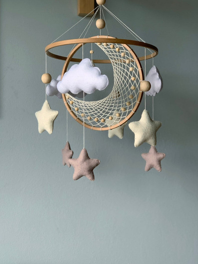 Moon and star crib mobile, Macrame baby mobile, Nuetral baby mobile, Moon baby mobile, Star mobile, Handing Mobile Felt, Mobile nursery, image 4