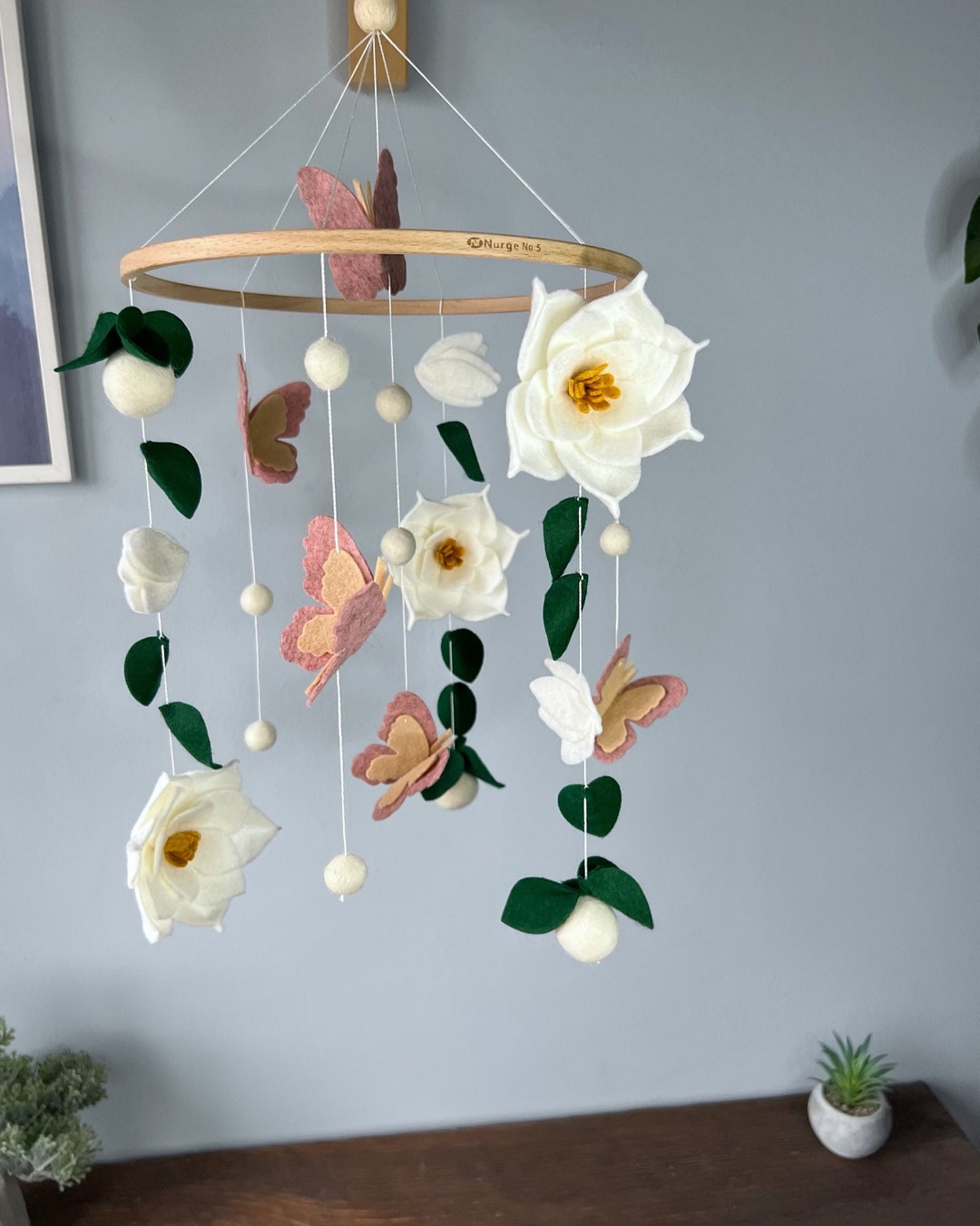 Flowers Baby Mobile, Butterfly Crib Mobile, Green Floral Baby Mobile, Hanging Felt Mobile, Cot