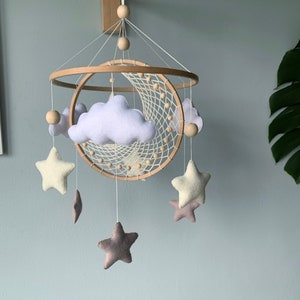 Moon and star crib mobile, Macrame baby mobile, Nuetral baby mobile, Moon baby mobile, Star mobile, Handing Mobile Felt, Mobile nursery, image 5