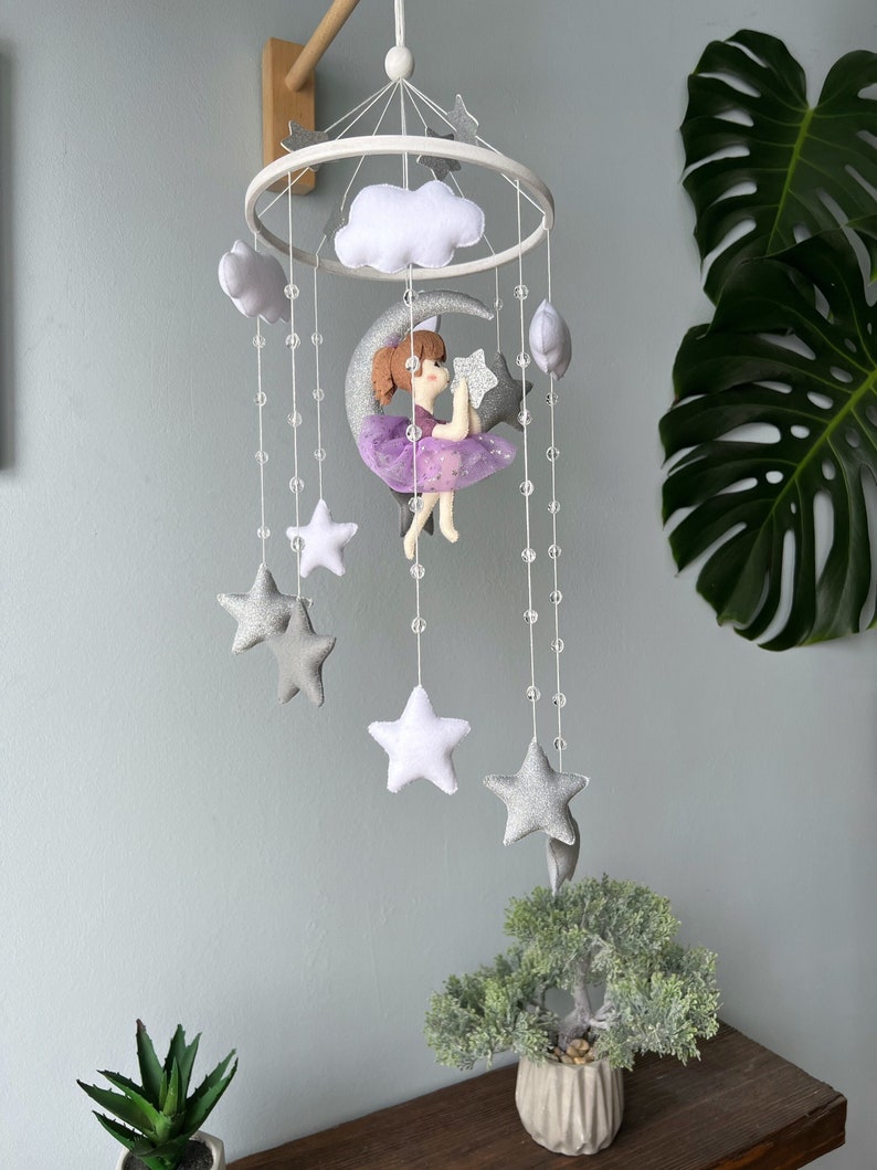 Fairy on the moon mobile, Baby mobile for nursery, Baby crib mobile for girl, girl nursery, baby shower gifts image 1