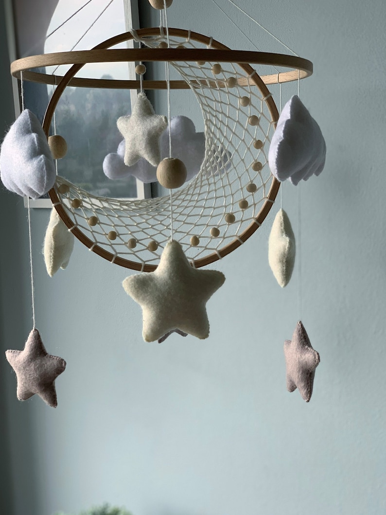 Moon and star crib mobile, Macrame baby mobile, Nuetral baby mobile, Moon baby mobile, Star mobile, Handing Mobile Felt, Mobile nursery, image 7