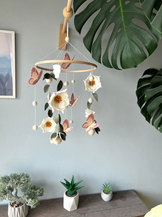 Flowers Baby Mobile, Butterfly Crib Mobile, Green Floral Baby