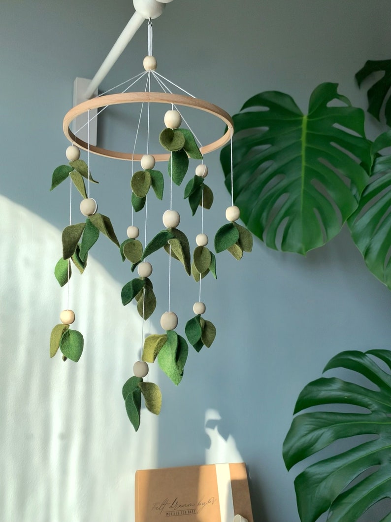 Forest baby mobile, leaf crib mobile, green floral baby mobile, hanging mobile, wooden crib mobile, green mobile image 5