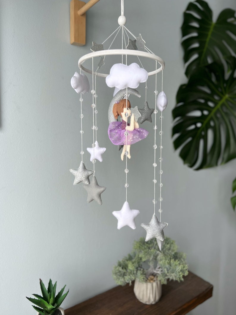 Fairy on the moon mobile, Baby mobile for nursery, Baby crib mobile for girl, girl nursery, baby shower gifts image 5