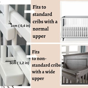 May include: Two white wooden crib rail adapters, one measuring 0.4 inches and the other 1.2 inches. The adapters are shown next to two cribs, one with a standard upper rail and the other with a wider upper rail.