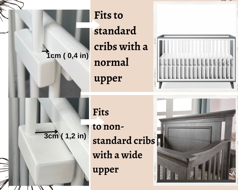 May include: Two white wooden crib rail adapters, one measuring 0.4 inches and the other 1.2 inches. The adapters are shown next to two cribs, one with a standard upper rail and the other with a wider upper rail.