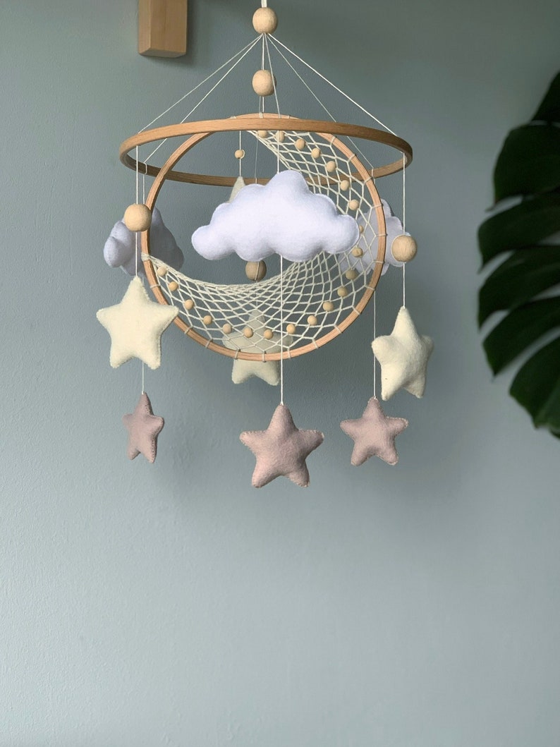 Moon and star crib mobile, Macrame baby mobile, Nuetral baby mobile, Moon baby mobile, Star mobile, Handing Mobile Felt, Mobile nursery, image 1