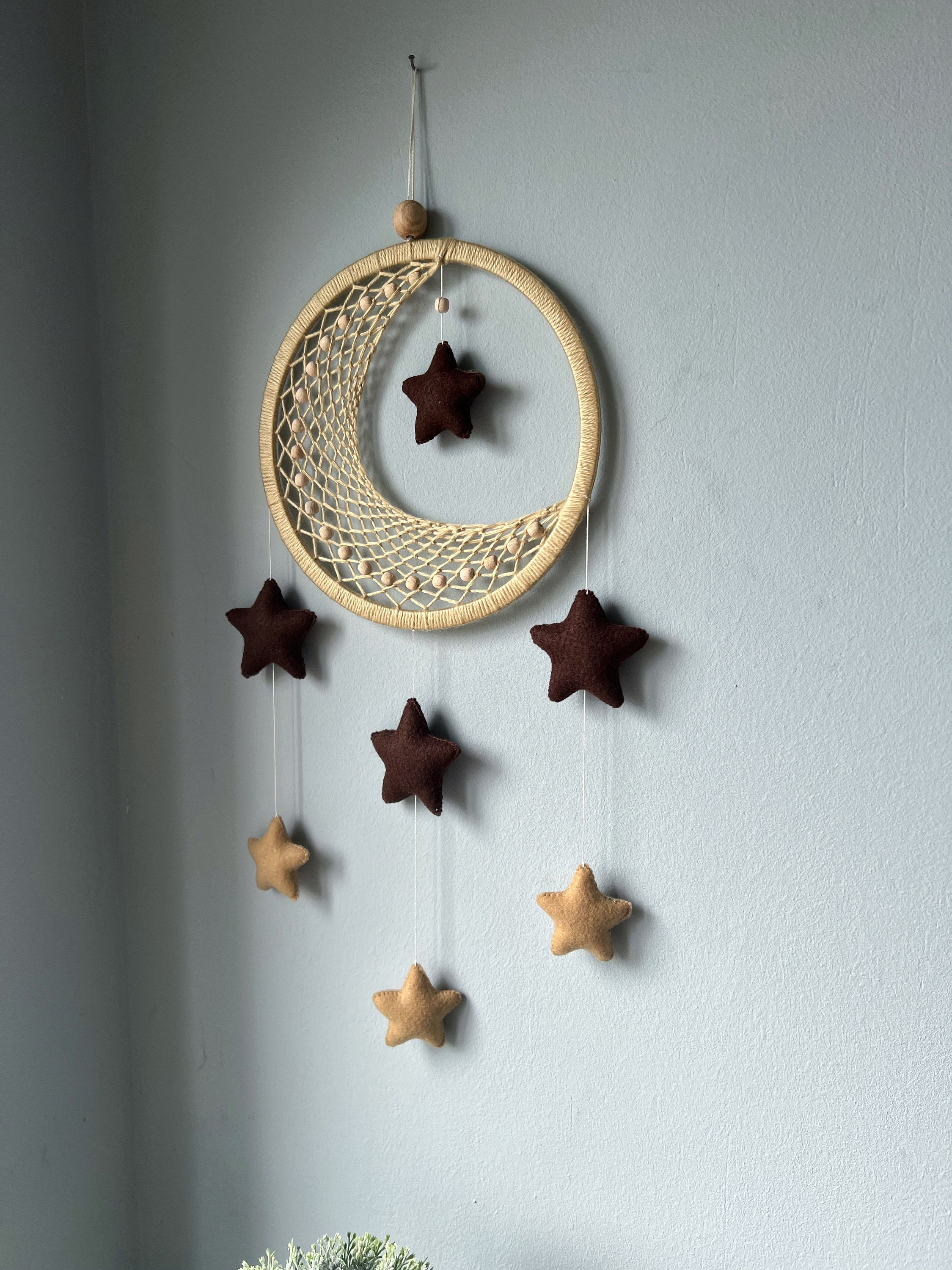Attrape-rêves Lune Tissé à La Main - Décoration Murale Bohème Avec Pompons - Coton Naturel - Blanc Crème