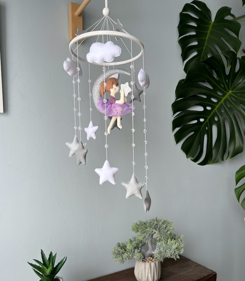 Fairy on the moon mobile, Baby mobile for nursery, Baby crib mobile for girl, girl nursery, baby shower gifts image 3