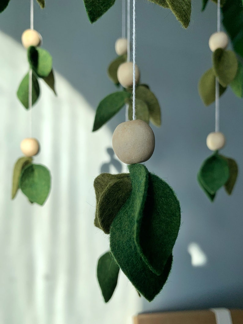 Forest baby mobile, leaf crib mobile, green floral baby mobile, hanging mobile, wooden crib mobile, green mobile image 4