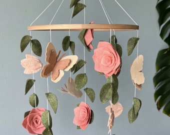 Floral Butterfly Baby Mobile, Hanging Felt Nursery Decor