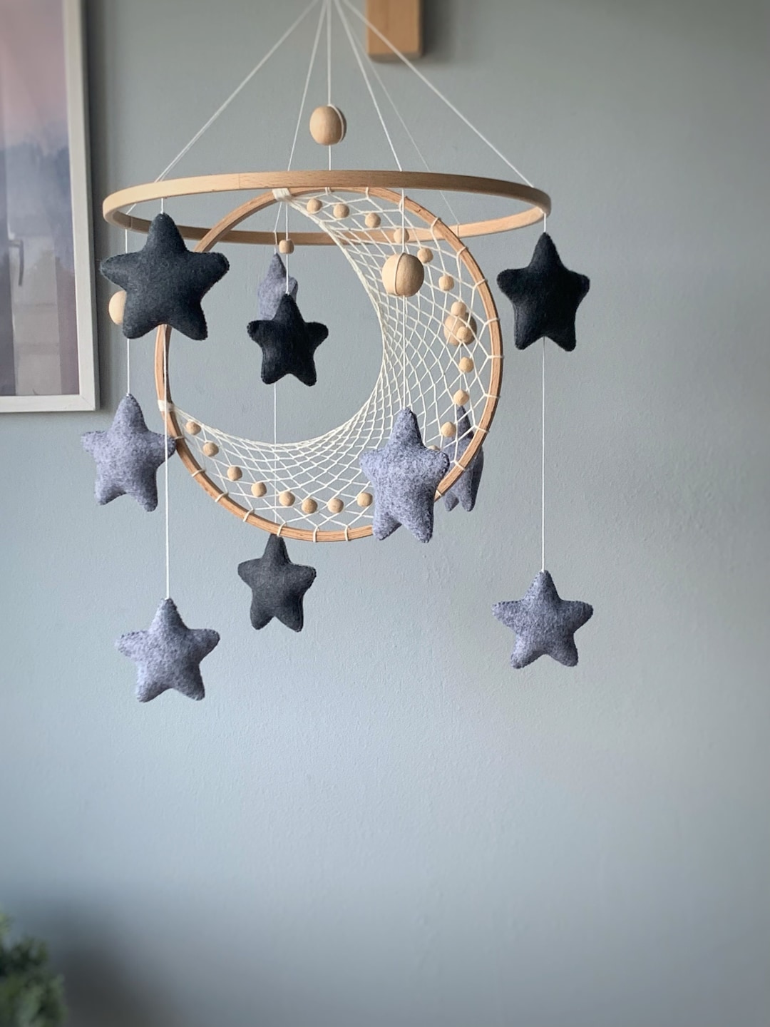 Moon and Star Crib Mobile, Macrame Baby Mobile, Nuetral Baby Mobile