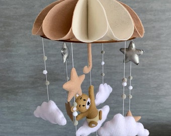 Bear baby mobile, umbrella mobile ready to ship, baby crib mobile, cloud and star mobile, neutral baby shower gift, bear nursery decor