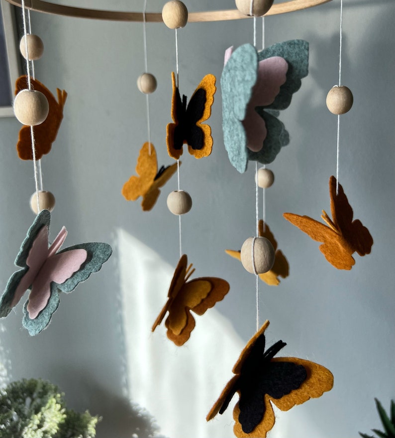 Butterflies baby mobile, crib mobile girl, floral baby mobile, hanging mobile, wooden crib mobile, baby shower gift. image 4