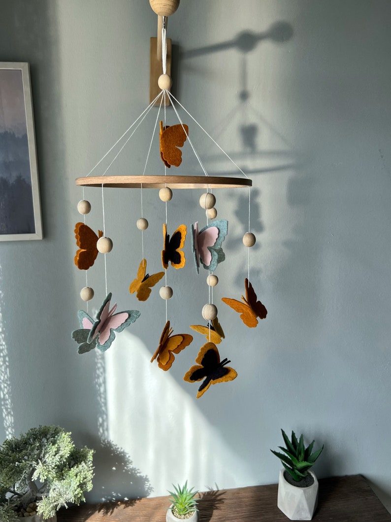 Butterflies baby mobile, crib mobile girl, floral baby mobile, hanging mobile, wooden crib mobile, baby shower gift. image 6