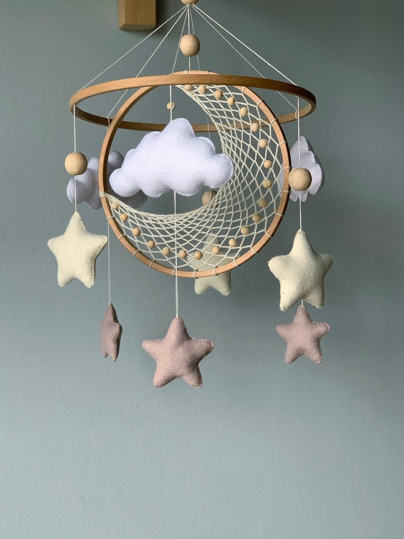 Moon and star crib mobile, Macrame baby mobile, Nuetral baby mobile, Moon baby mobile, Star mobile, Handing Mobile Felt, Mobile nursery, image 3