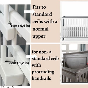 May include: Close-up of a white crib safety gate with measurements showing how it fits standard cribs with a normal upper rail and non-standard cribs with protruding handrails.