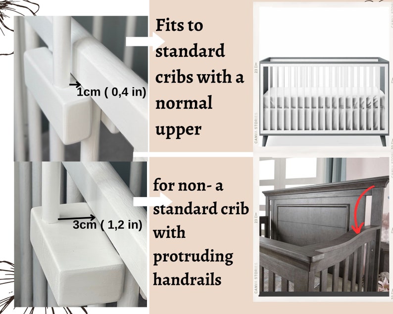 May include: Close-up of a white crib safety gate with measurements showing how it fits standard cribs with a normal upper rail and non-standard cribs with protruding handrails.