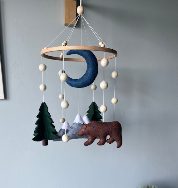 Forest baby mobile, mountains and trees crib mobile, green floral baby mobile, hanging mobile, woodland crib mobile, bear nursery mobile