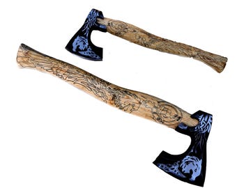 Hacha vikinga tallada a mano: hacha de caza y acampada de madera de fresno