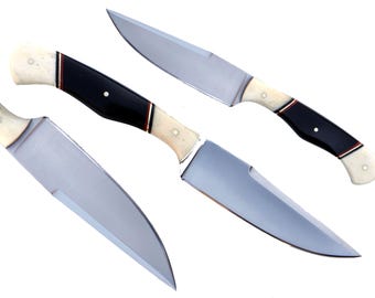 Cuchillo de caza de acero hecho a mano: mango de hueso de camello, funda de cuero
