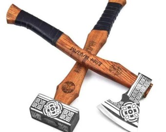 Handmade Viking Axe and Hammer Set: Carved Hunting Tomahawk