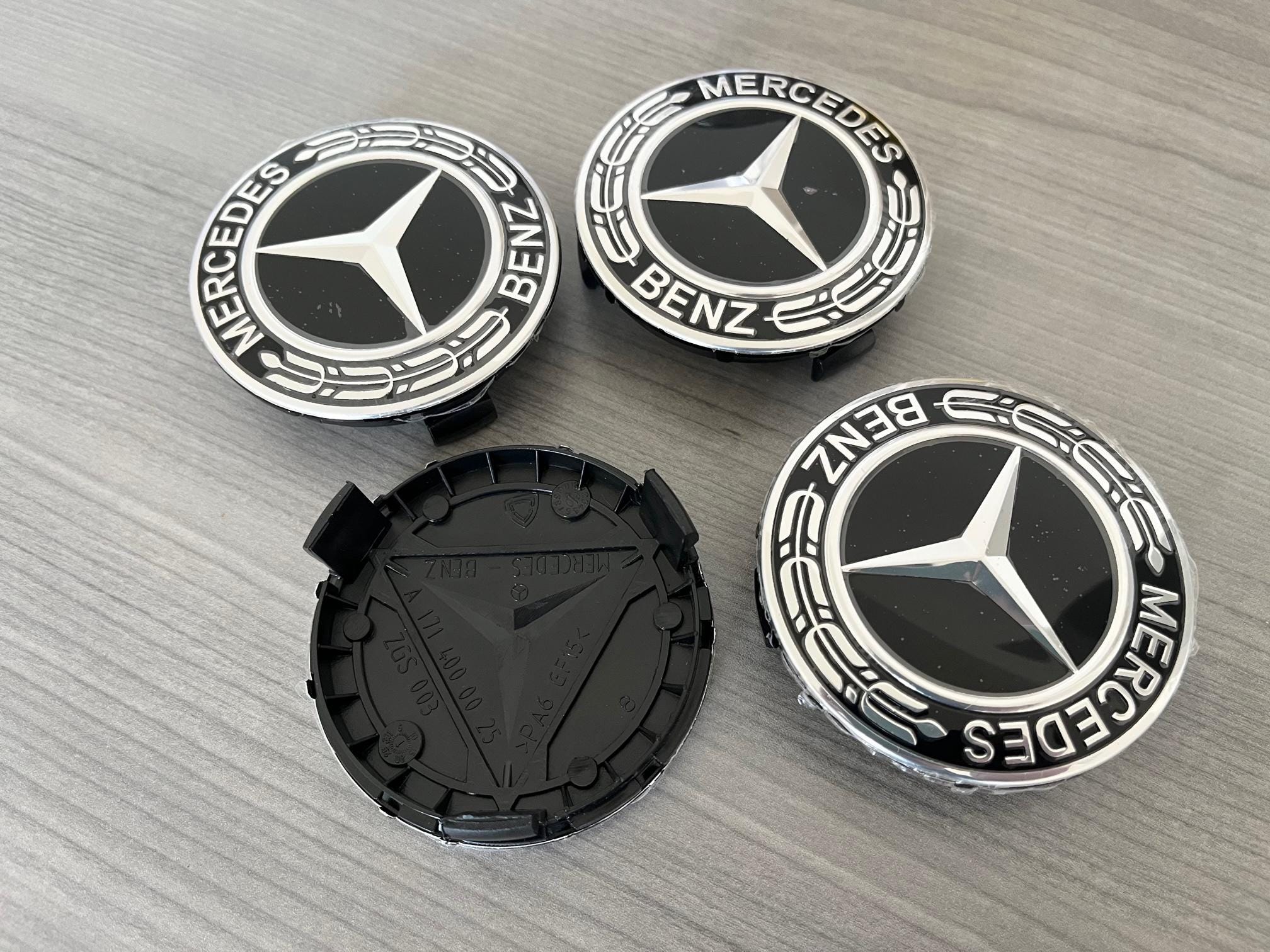 Set of 4 Mercedes Benz Wheel Center Caps Emblem Black Laurel Wreath ...