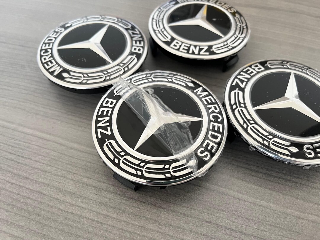 Set of 4 Mercedes Benz Wheel Center Caps Emblem Black Laurel Wreath ...