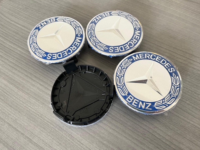 Set of 4 Mercedes Benz Wheel Center Caps Emblem Blue Laurel Wreath 75mm ...