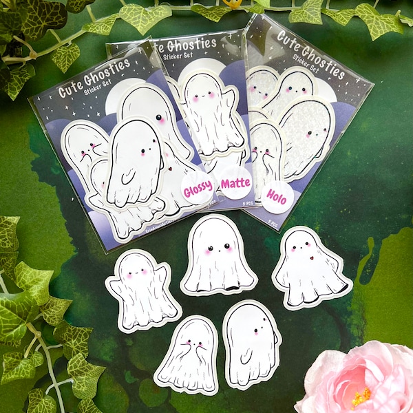 Cute/Kawaii Ghost 5pc Sticker Pack, Cute Ghosties Stickers, Ghost Planner Stickers, Ghost Sticker Set, Ghost Sticker Flakes