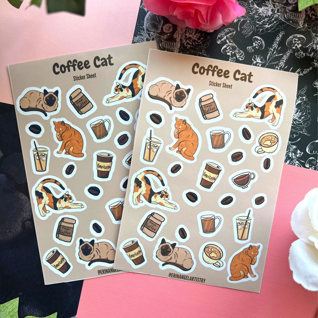 Coffee Cat Sticker Sheet - Planner and Scrapbook Stickers, Cat Sticker ...