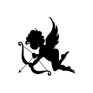 May include: Black silhouette of a cupid with wings holding a bow and arrow.