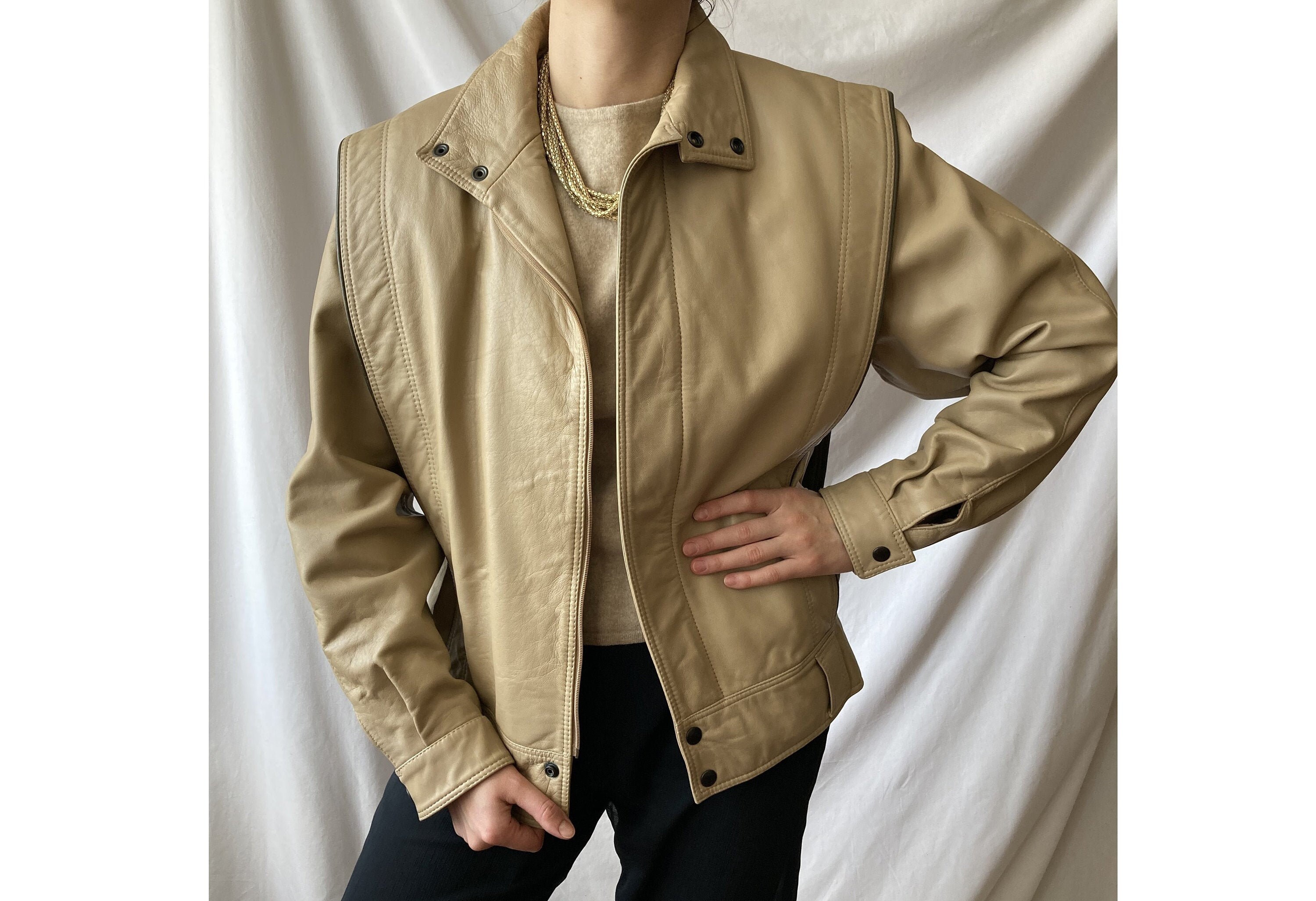 Vintage Beige Leather Jacket Woman 80s 90s Cream Leather Jacket Cropped Boxy Jacket
