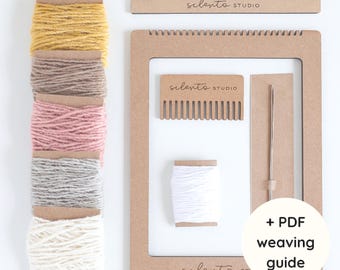 Weaving loom kit for beginners, frame loom set with merino wool, sustainable yarn bundle, PDF guide, creative DIY gift