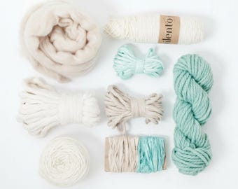 weaving fiber pack, mixed yarn bundle, wool silk cotton textures, tapestry supply kit, boho loom fibers, neutral color palette