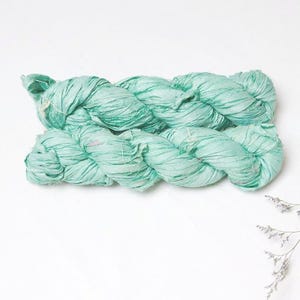 Sari silk ribbon mint green, hand torn upcycled yarn 100g skein, eco friendly fiber for weaving, boho textile art crafts, scrapbooking