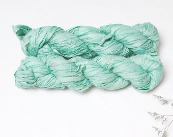 Sari silk ribbon mint green, hand torn upcycled yarn 100g skein, eco friendly fiber for weaving, boho textile art crafts, scrapbooking