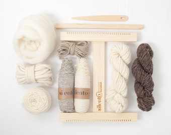 Beginners weaving kit, complete loom kit, gold beginner tapestry kit, loom, fibers and accesories, mix of fibers, DIY gift, pink