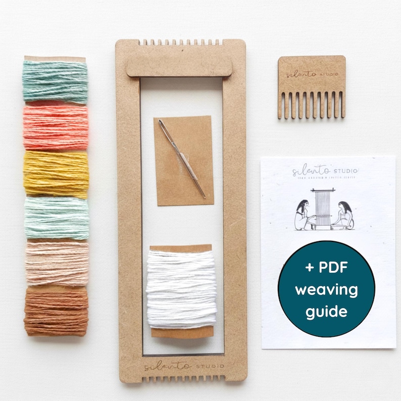 Beginner weaving kit with wooden loom, cotton yarn bundle, PDF guide, small handmade loom for mindfulness, DIY craft gift, holiday gift idea Color 7