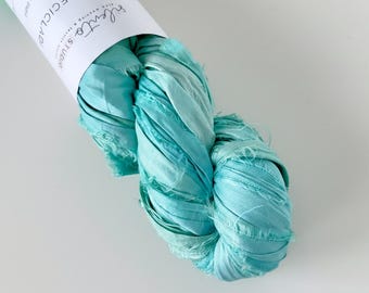 Recycled Sari Silk Ribbon 100g skein, mint color, ideal for wedding bouquets and gift wrapping, raw edge ribbon