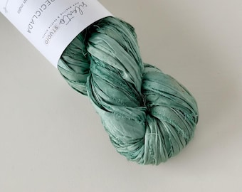 Eucalyptus Sari Silk Ribbon, Frayed Recycled Silk Strips, 100g