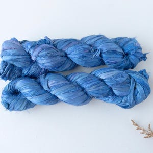 Recycled sari silk yarn, ocean blue color ribbon 100g skein, perfect for fiber art & textile projects, gift wrapping, floral arrangements...