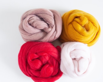 Merino wool roving pack of 4 skeins. Merino unspun wool for felting, weaving and macrame. 19 micron super fine.