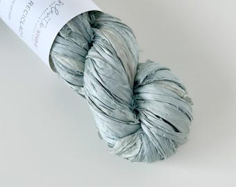 Recycled Sari Silk, Silk Ribbon 100g skein, raw edge ribbon, blue grey color, gift wrapping ribbons