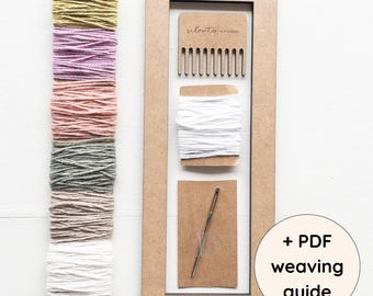 Bracelet weaving kit with cotton yarn, bookmark loom for beginners, small wooden loom with PDF guide, colorful yarn bundle, DIY gift