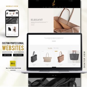 Puede incluir: Dise&ntilde;o de sitio web que muestra una vista m&oacute;vil en un tel&eacute;fono inteligente y una vista de escritorio en una computadora port&aacute;til. El sitio web muestra im&aacute;genes de bolsos. El texto de la imagen incluye "Custom Professional Websites" y "Easy to Use."