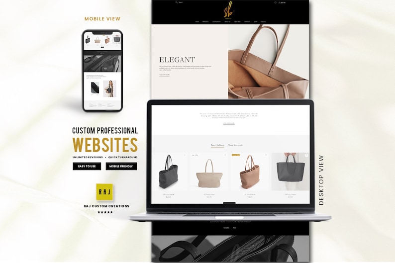 Puede incluir: Dise&ntilde;o de sitio web que muestra una vista m&oacute;vil en un tel&eacute;fono inteligente y una vista de escritorio en una computadora port&aacute;til. El sitio web muestra im&aacute;genes de bolsos. El texto de la imagen incluye "Custom Professional Websites" y "Easy to Use."