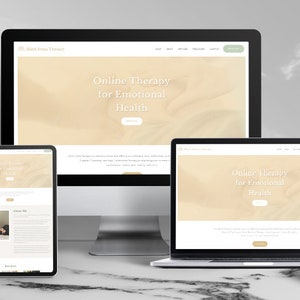 Puede incluir: Una maqueta de dise&ntilde;o web que muestra un dise&ntilde;o adaptable en m&uacute;ltiples dispositivos. El dise&ntilde;o presenta el texto "Online Therapy for Emotional Health" en una paleta de colores suave y neutra. Los dispositivos incluyen un ordenador de sobremesa, una tableta, un port&aacute;til y un smartphone.